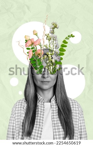 Creative photo 3d collage artwork poster postcard picture of beautiful lady wear eyeglasses fresh flowers isolated on painting background