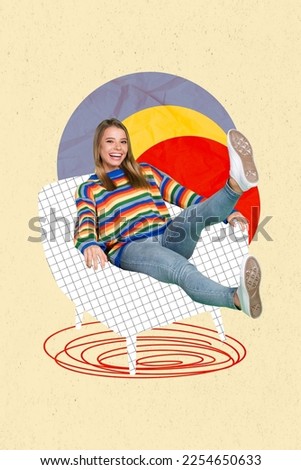 Photo cartoon comics sketch collage picture of carefree happy smiling lady sitting sofa isolated drawing background