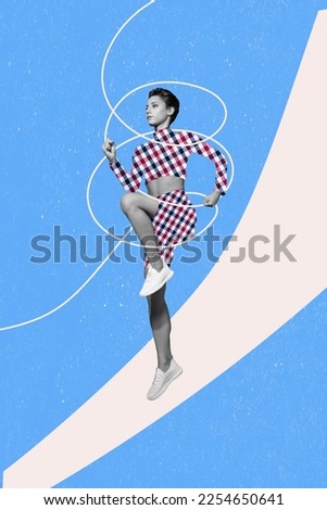 Creative advert collage of sportive lady train fast speed running sprint race in fashion sportswear costume sale