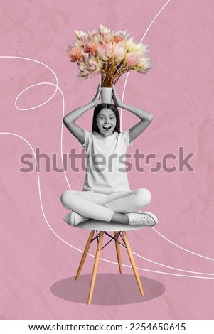 Poster magazine banner collage of funny kid girl sitting chair hold head flower pot advertise woman day present sale
