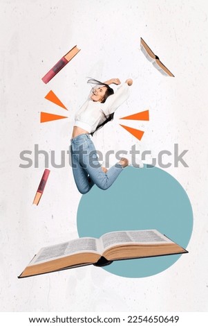 Creative photo 3d collage artwork poster postcard picture of positive lady rejoice successfully passed exam isolated on painting background