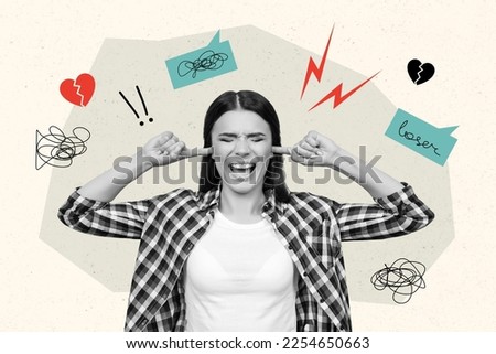 Template magazine collage of stressed crazy girl not paying attention hate social scream close cover ears fingers