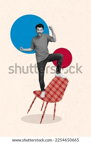 Vertical collage image of delighted overjoyed guy black white colors stand painted chair isolated on creative background