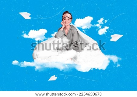 Magazine advert collage of happy girl enjoy healthy sleep dreaming wrapped in soft blanket on sky background