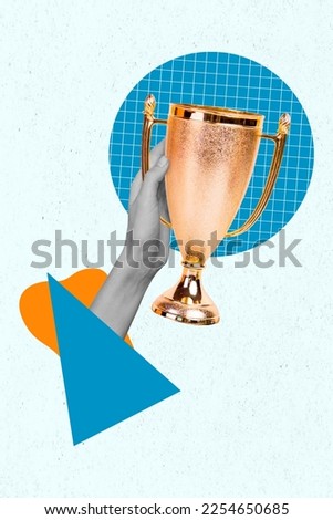 Creative banner mockup collage of person winner get first place trophy golden cup world competition concept Royalty-Free Stock Photo #2254650685