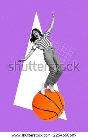 Creative photo 3d collage artwork poster postcard picture of crazy girl stand big orange ball isolated on painting background