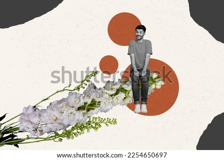 Creative abstract template graphics collage image of funny smiling guy sitting big flower isolated drawing background