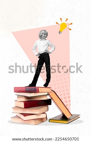 Creative retro 3d magazine collage image of smart clever little child standing book stack pile isolated painting background