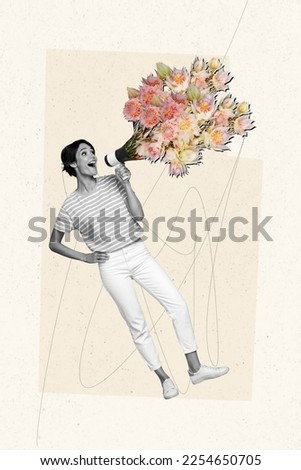 Collage 3d image of pinup pop retro sketch of funny smiling lady screaming flower bunch toa isolated painting background