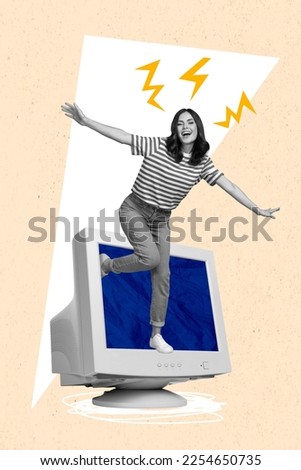 Creative photo 3d collage artwork poster picture of happy girl in old gadget continue live without light isolated on painting background