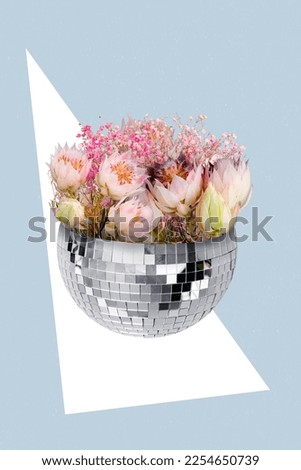 Magazine creative mockup collage of 8 march present modern disco ball house plant pot with garden flowers