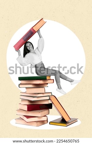 Creative photo 3d collage artwork poster postcard picture of pretty clever lady preparing exam test isolated on painting background