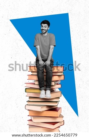 Creative 3d photo artwork graphics collage painting of funny funky guy sitting big huge book stack isolated drawing background