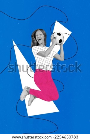 Vertical collage image of excited positive black white colors girl jumping arms hold football isolated on blue drawing background