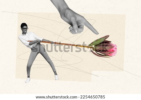 Poster template creative collage of hardworking person pulling flower stem get 8 march holiday present