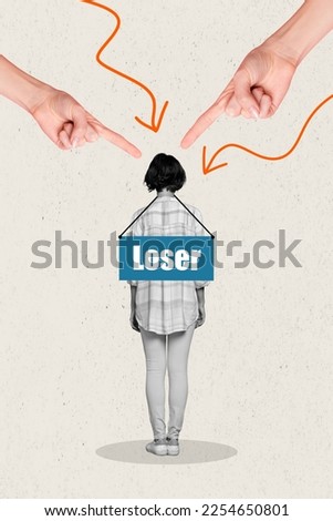 Magazine template collage of sad depressed lady with loser label hated society bullying concept