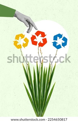 Magazine advert collage of painting recycle mark above green grass symbol natural protection