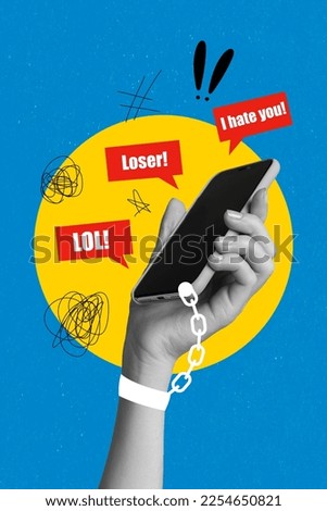 Template poster collage of smart gadget in hands ring social network email text loser lol i hate you Royalty-Free Stock Photo #2254650821
