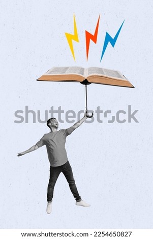 Exclusive magazine picture sketch collage image of excited guy flying open book parasol isolated painting background