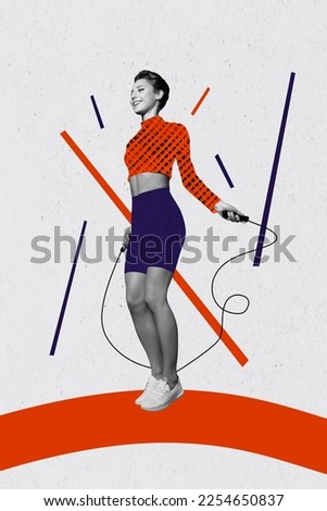 Creative magazine poster collage of sportive lady training jumping rope concept sports store sale advertising