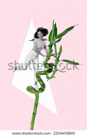 Creative template mockup collage of young woman mini people green plant growing up nature protection concept