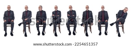 front view of the same man sitting cross-legged and uncrossed on white background Royalty-Free Stock Photo #2254651357