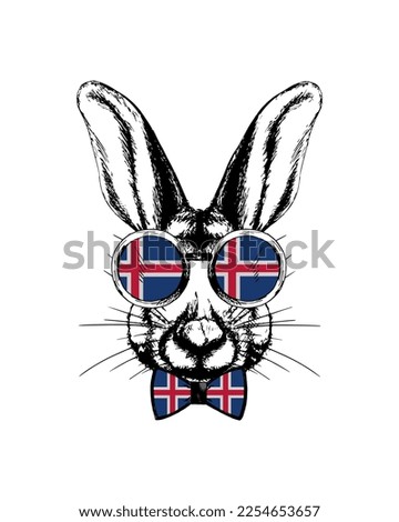 Easter bunny hand drawn portrait. Patriotic sublimation in colors of national flag on white background. Iceland