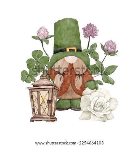 St. Patrick's Day Watercolor Clipart. Green Gnome. Leprechaun  with Flowers