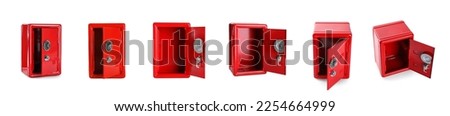Open red steel safe on white background, view from different sides