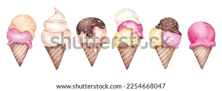 Clip art of ice cream in vafle  hand drawn by watercolor. Isolated on white background. Bright summer design