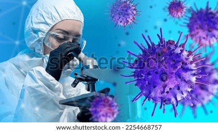 Virologist studies Kraken molecules. Covid bacteria have mutated. Molecules of coronavirus near woman doctor. Epidemiologist in chemical protection suit. Kraken pandemic. XBB.1.5 strain disease Royalty-Free Stock Photo #2254668757