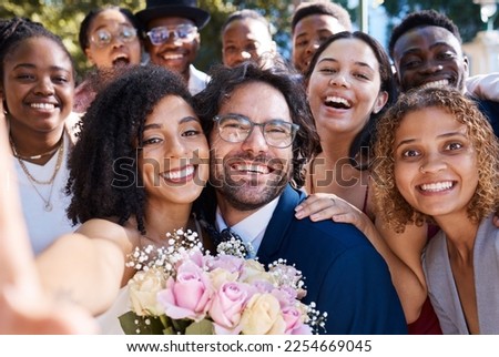 Wedding, selfie and happy friends and family celebrating love of groom and bride at a ceremony or event. Group, portrait and excited smiling people taking picture or photo with newlyweds outdoors