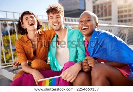 Support, freedom and lgbtq with friends and flag in city for love, gay pride and equality. Culture, celebration or inclusion with portrait of group of people for community, diversity and human rights Royalty-Free Stock Photo #2254669159