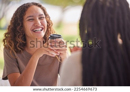 Woman, friends and laugh with coffee for chat or catch up on social life, friendship or relationship at an outdoor cafe. Happy female laughing in happiness for chatting, conversation or funny joke Royalty-Free Stock Photo #2254669673