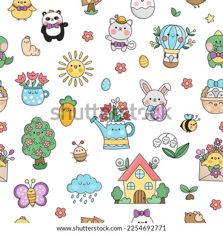 Vector kawaii Easter seamless pattern for kids. Cute cartoon repeat background. Traditional symbols digital paper with bunny, colored eggs, bird, chick, basket, flowers. Spring holiday texture
