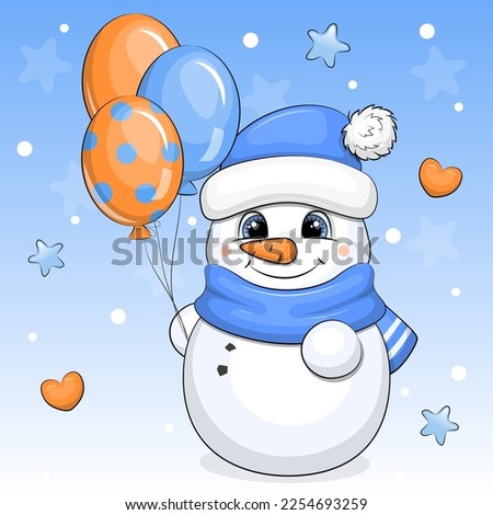 A cute cartoon snowman in a hat and scarf is holding balloons. Winter vector illustration on a blue background with snow, hearts and stars.