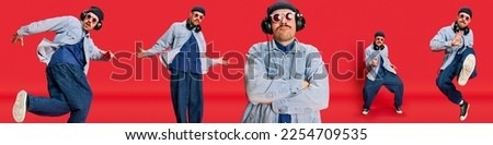 Collage. Man in stylish modern clothes, oversized jeans, shirt and hat posing, dancing, listening to music on red background. Concept of modern fashion, lifestyle, emotions, facial expression. Ad Royalty-Free Stock Photo #2254709535