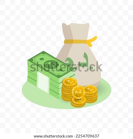 Vector illustration of Moroccan Dirham currency. Random pattern of banknotes and coins in green and gold colors on transparent background (PNG). 