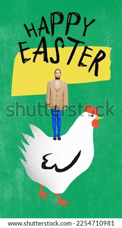 Strange girl standing on drawn hen. Creative greeting card design for happy easter day. Concept of holidays, spring, celebrating. Contemporary art collage. Careless drawings technique.