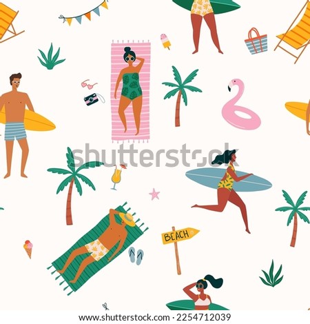 Vector seamless pattern with cartoon people lying on beach and sunbathing, surfers carrying surfboards. Men and women relaxing near the ocean. Summertime beach vector illustration. Flat design.