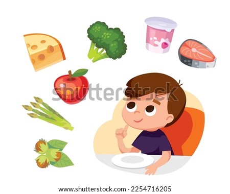 Boy thinking, considering healthy eco food sitting at the table. Child choosing meal for breakfast, lunch. Boy choose what to eat for supper, dinner or snack. Hungry kid have a meal.