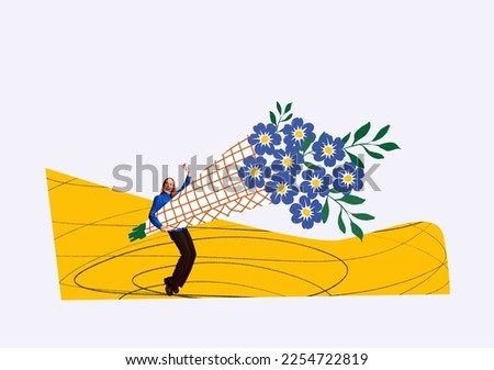 Creative colorful design. Happy smiling young girl holding big bouquet of blue flowers over light background. Concept of holiday, women's day, positive mood, celebration. Copy space for ad