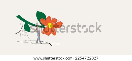 Creative colorful design. Young happy girl in casual clothes carrying big drawn flower over light background. Concept of holiday, women's day, positive mood, celebration. Banner. Copy space for ad Royalty-Free Stock Photo #2254722827
