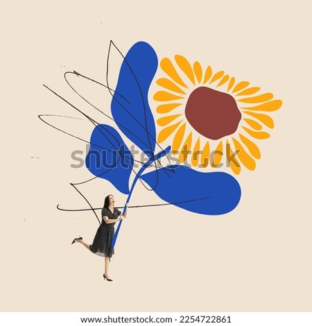 Creative colorful design. Stylish young girl in dress holding giant drawn flower over light background. Concept of holiday, women's day, positive mood, celebration. Copy space for ad