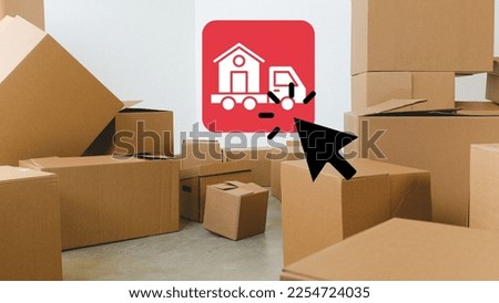Heaps of cardboard boxes at home. Moving day. Trend vector illustration collage.

