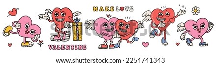 Groovy lovely hearts characters set. Love concept. Happy Valentines day mascots collection. Funky happy heart in trendy retro 80s 70s cartoon style. Vector flat illustration in pink red colors.