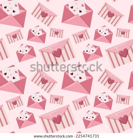 Seamless Valentine's Day pattern on a pink background with hearts and love letters. Suitable for fabric, wrapping paper, cards and gift boxes. Hand painted design. Flat style and minimalism.