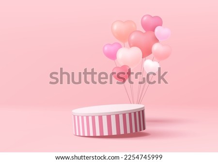 White and pink round product podium valentine 3D background, Floating balloons heart shape. Minimal wall scene mockup product stage showcase, Banner promotion display. Abstract vector geometric forms.