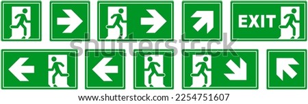 Emergency exit sign set. Man running out fire exit. Running man and exit door sign. Escape help evacuation. Safety vector symbol. Royalty-Free Stock Photo #2254751607