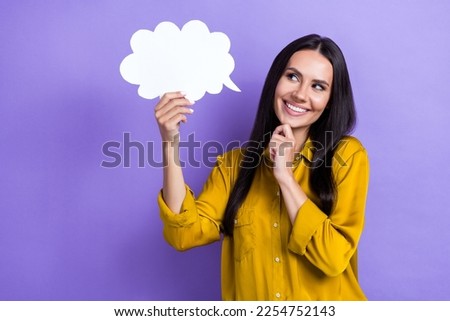 Photo of pretty minded lady arm touch chin look empty space cloud shape card isolated on violet color background